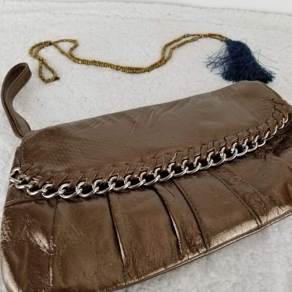 Metallic Brown Gold Wristlet Clutch With Chain Detail By Attention 《315》P - Picture 3 of 9